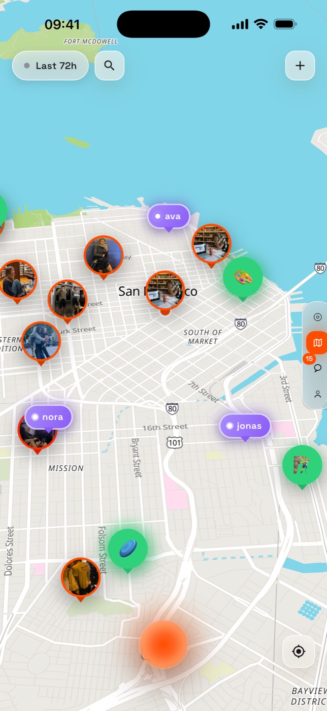 The Hiro map with moment pins, green SoMo meet-ups and live friends