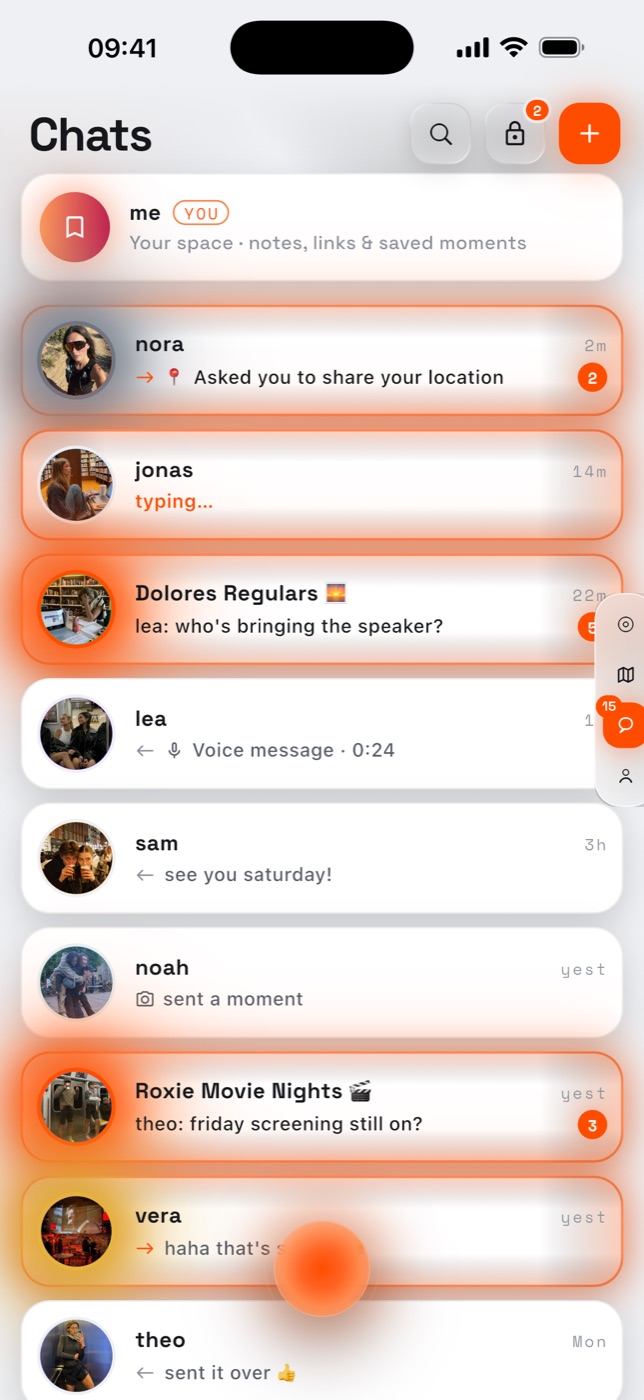 Hiro chats with glowing avatars, voice messages and shared moments